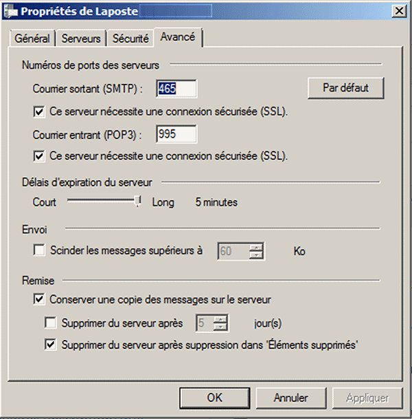 Configuration du serveur SMTP Laposte